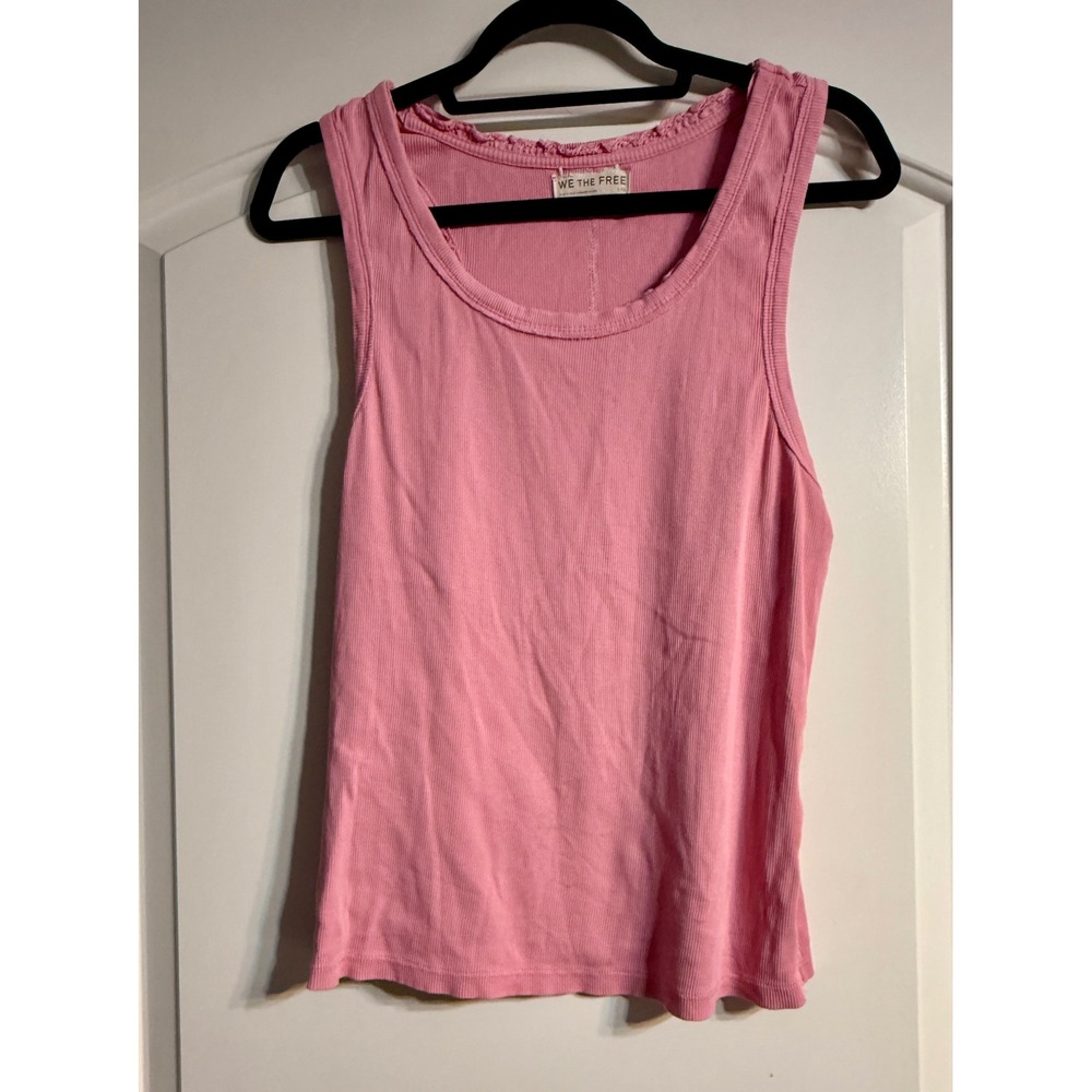 We The Free Tank Top Large Pink Ribbed Crochet Trim Scoop Neck Balletcore Boho